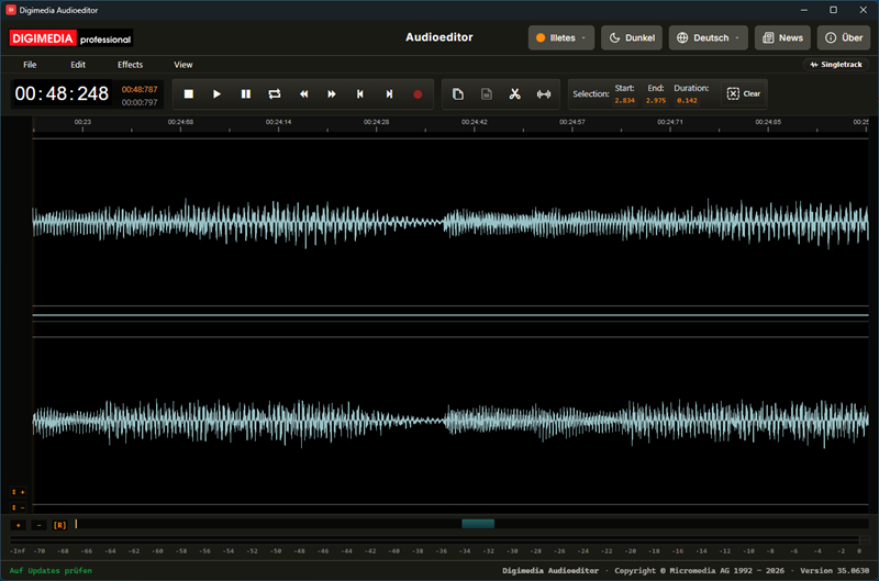 Digimedia Audioeditor — Singletrack Mode with stereo waveform and dB level ruler