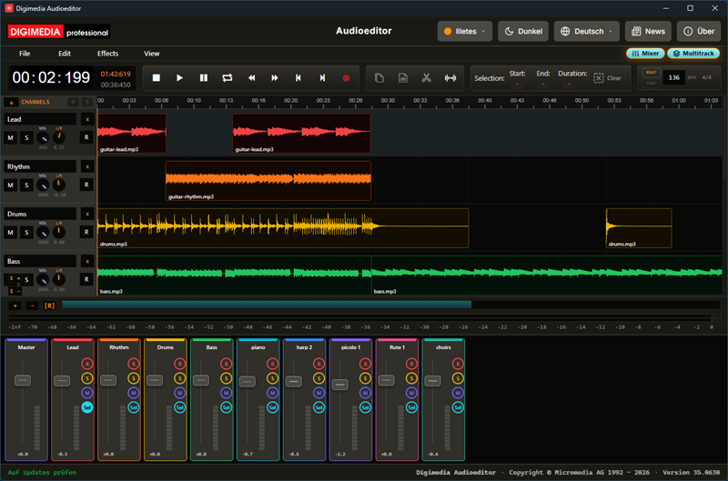 Digimedia Audioeditor — Multitrack Mode with Mixer open