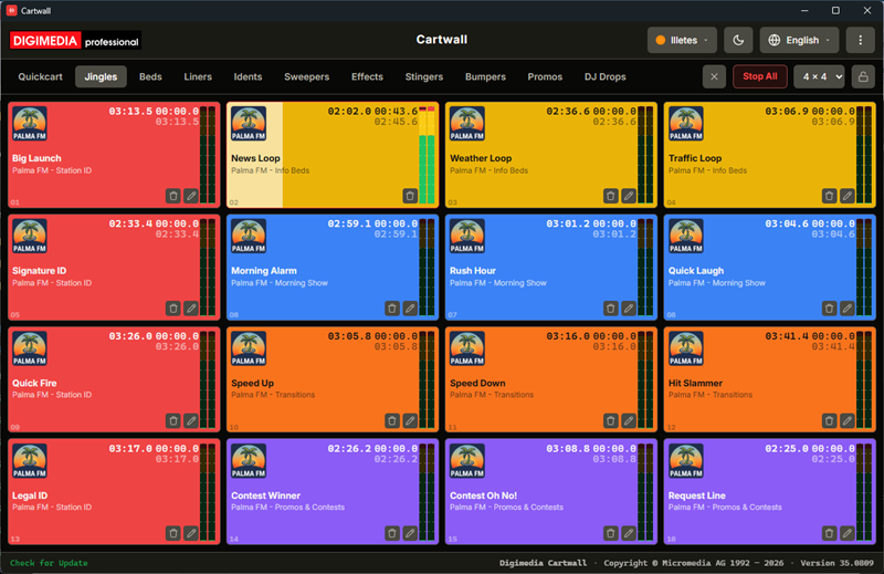 Digimedia Cartwall — a grid of cart tiles across ten tabs