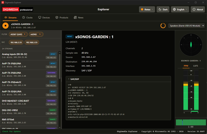 Digimedia Explorer — Streams view with live PPM, LUFS and goniometer metering