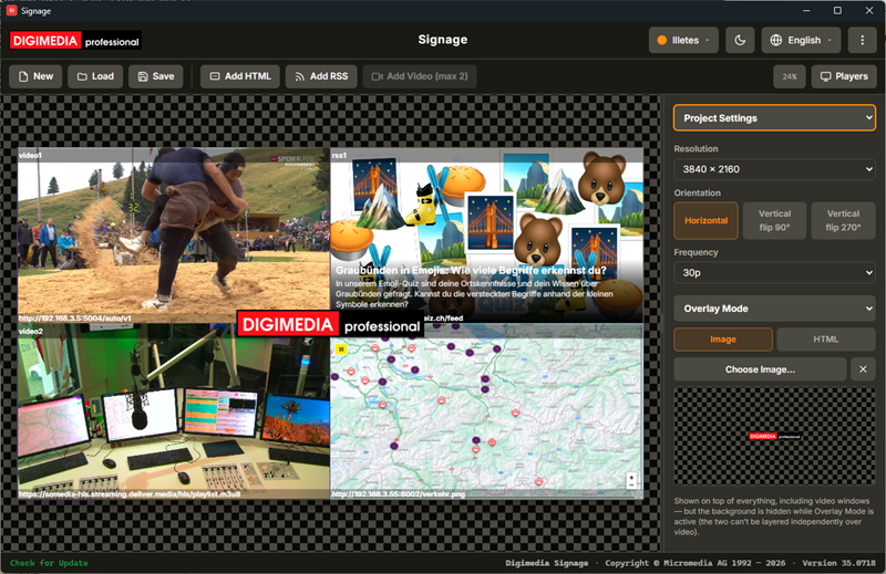 Digimedia Signage — layout canvas with widgets and the Inspector panel