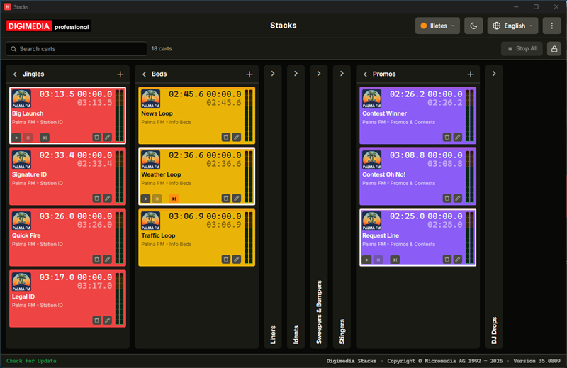Digimedia Stacks — a board of cart lists, each with its own sound card